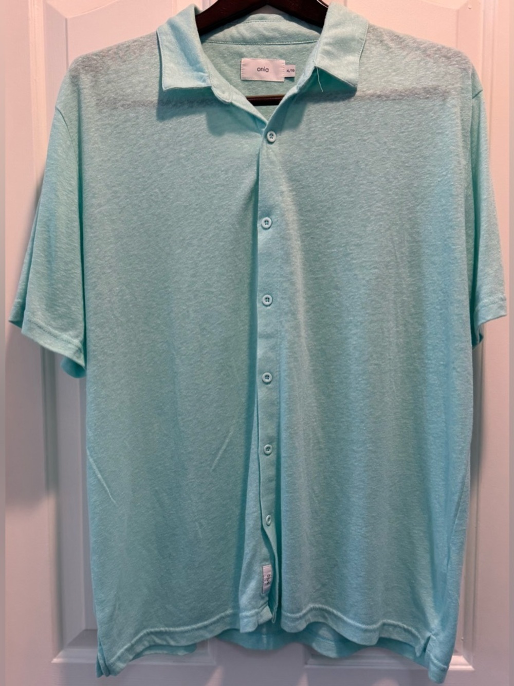 Onia Men’s XL Linen Blend Button Up Shirt Mint Green Short Sleeve